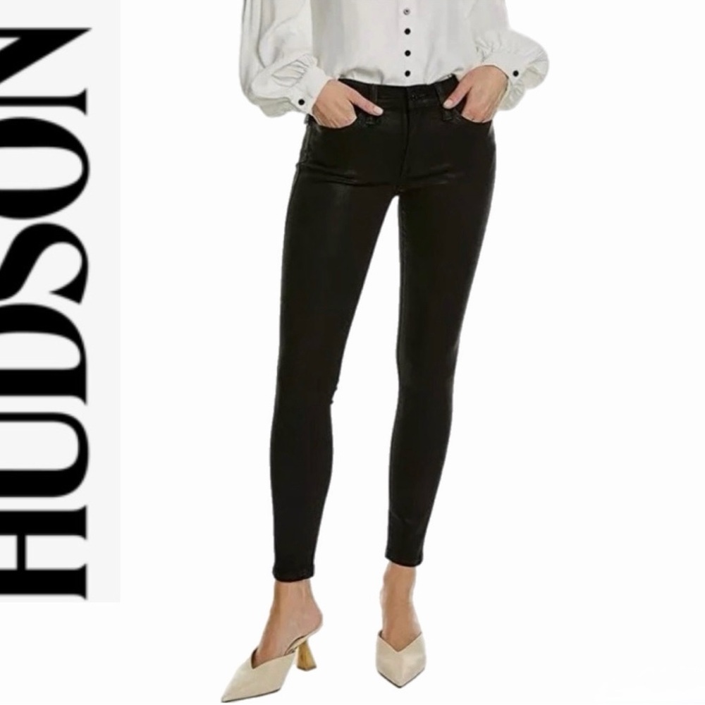 Hudson Jeans Natalie Mid Rise Super Skinny Black Waxed Jeans NWT Sz 24